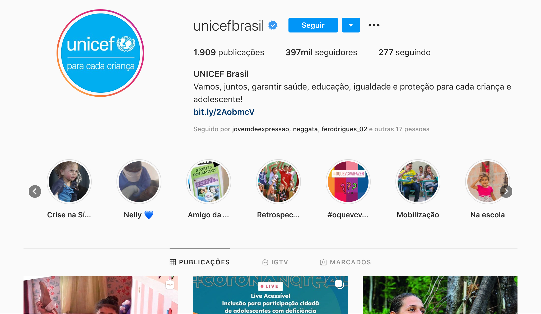 Exemplos para Criar Destaques do Instagram - Unicef